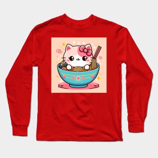 Little Pink Cat in a Ramen Bowl Long Sleeve T-Shirt